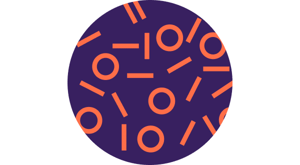 A dark purple circle filled with scattered orange lines and circles arranged in various orientations on a light gray background.
