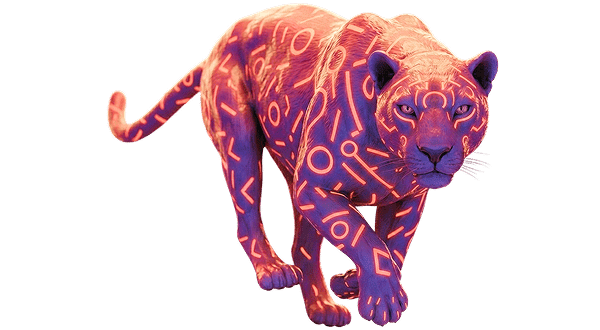 A purple and orange panther with geometric patterns on its body is walking forward against a white background.