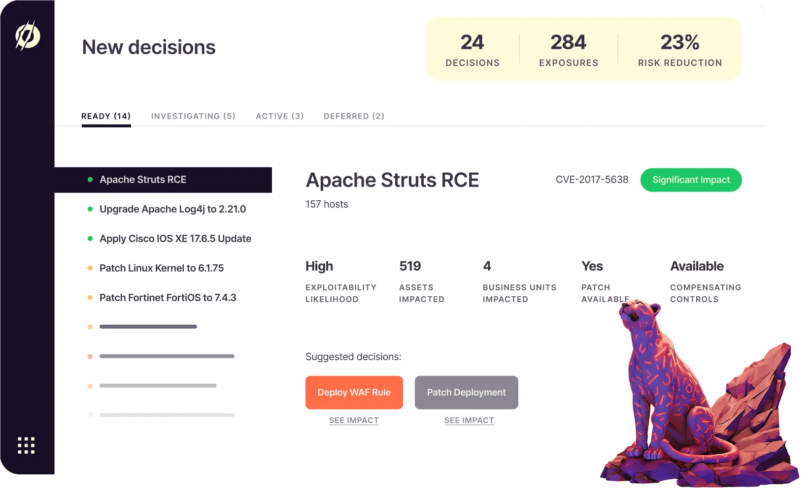 Dashboard showing new security decisions, highlighting Apache Struts RCE vulnerability with 157 hosts, high exploitability, and available patch and WAF actions. Risk reduction metrics displayed.