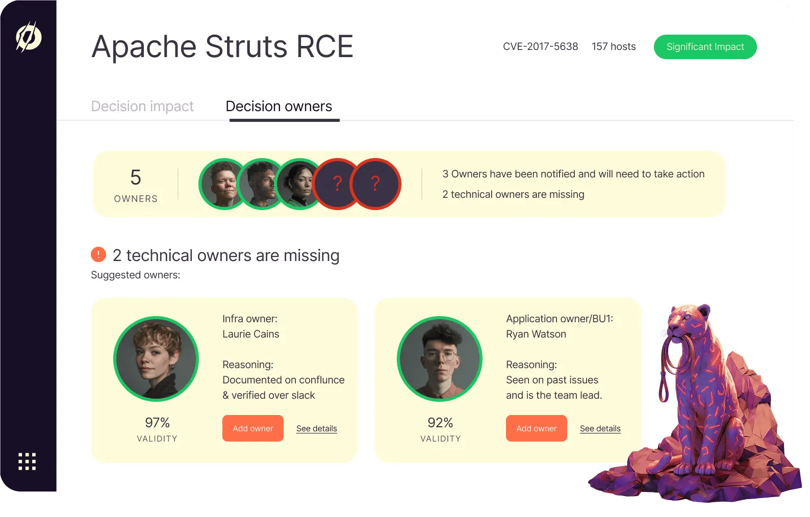 Dashboard showing Apache Struts RCE decision owners, with 3 identified and 2 missing, plus detailed info on current owners and their validity scores. Illustration of a purple animal on the right.
