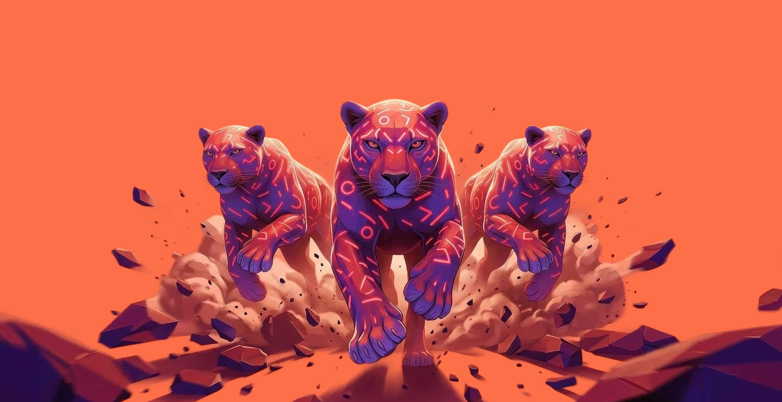 Three stylized leopards with glowing geometric patterns run forward, kicking up dust and debris against a bright orange background.