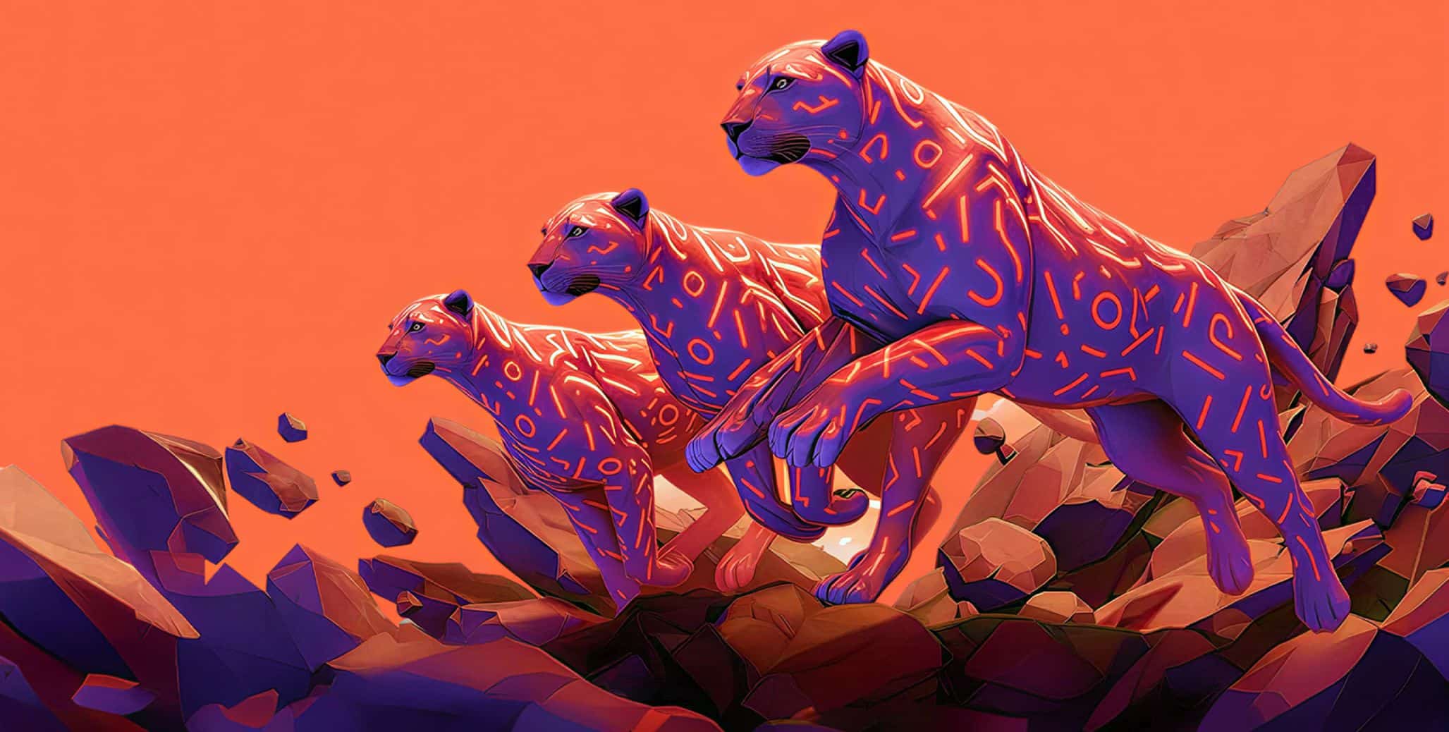 Three stylized, glowing orange leopards with abstract markings walk across jagged rocks against a solid orange background.