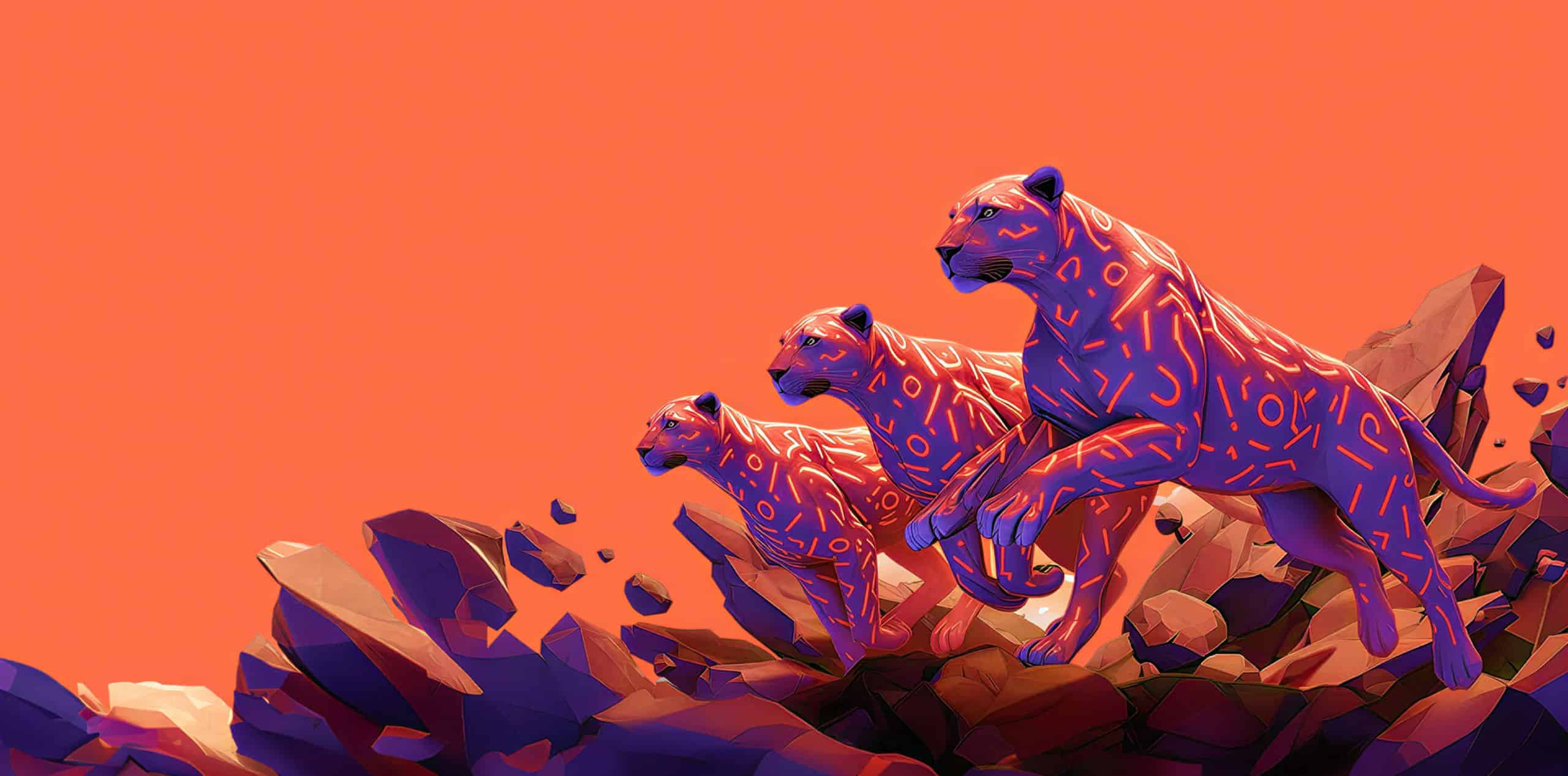 Three stylized leopards with glowing patterns run through shattered rocks against a solid orange background.
